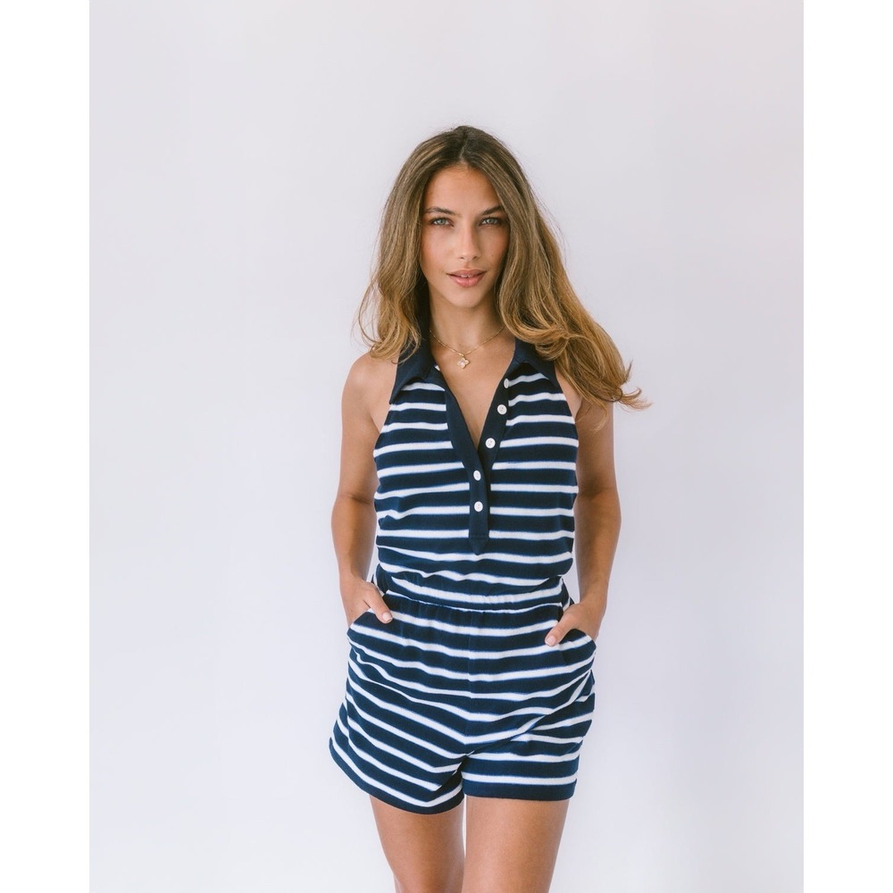 Veronica Beard Taggart Romper Size Large Navy White Stripe Terry Halter Polo